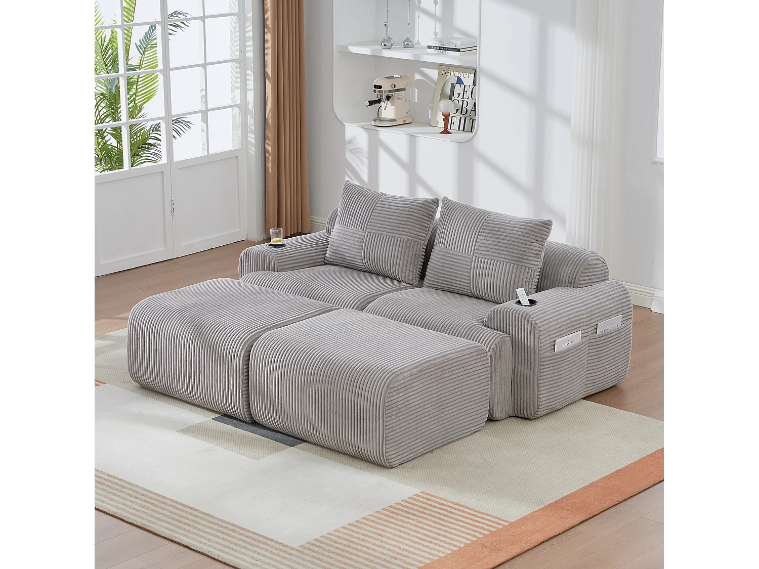 Canapé modulable 2 places - 200 x 174 x 80 cm - avec 2 poufs + porte-gobelets + poche de rangement - velours - gris clair