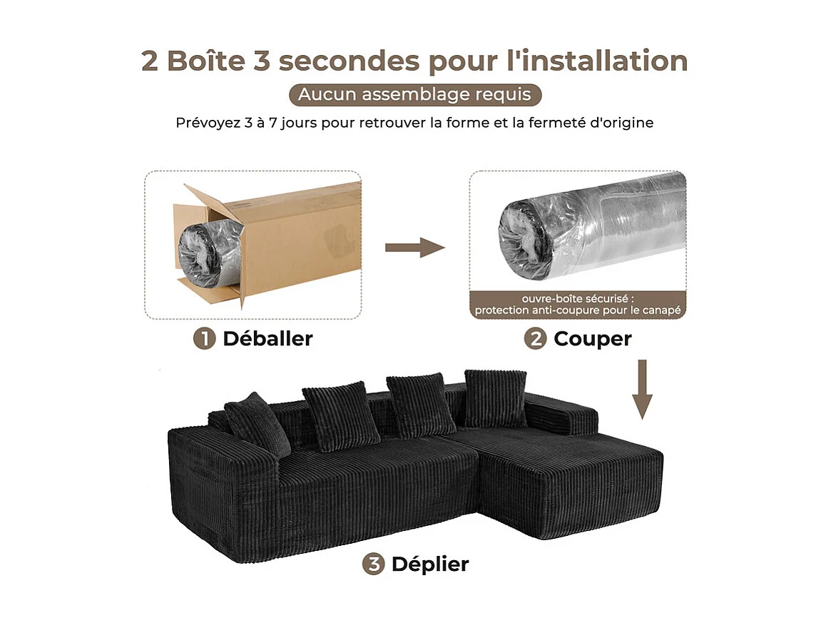 Canapé 3 Places d'angle droite modulable, en Velours côtelé noir, avec 4 Coussins, méridienne et poche latérale, 261x156x80cm