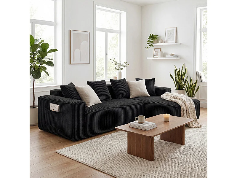 Canapé 3 Places d'angle droite modulable, en Velours côtelé noir, avec 4 Coussins, méridienne et poche latérale, 261x156x80cm