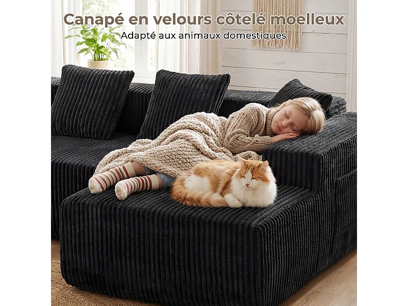 Canapé 3 Places d'angle droite modulable, en Velours côtelé noir, avec 4 Coussins, méridienne et poche latérale, 261x156x80cm