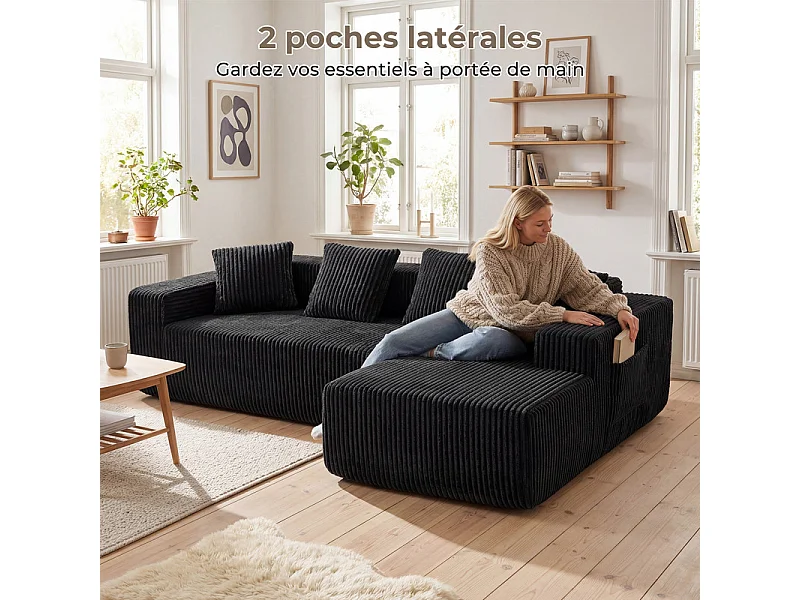 Canapé 3 Places d'angle droite modulable, en Velours côtelé noir, avec 4 Coussins, méridienne et poche latérale, 261x156x80cm