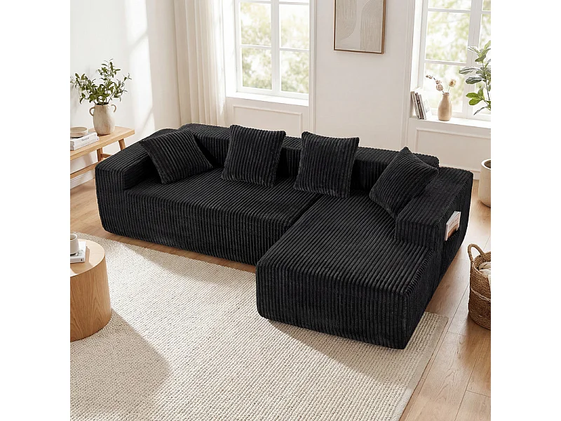 Canapé 3 Places d'angle droite modulable, en Velours côtelé noir, avec 4 Coussins, méridienne et poche latérale, 261x156x80cm