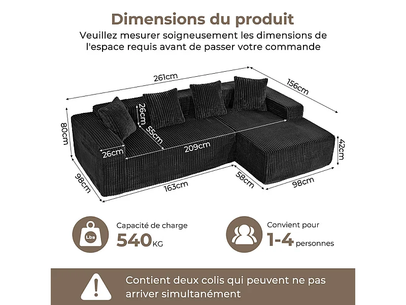 Canapé 3 Places d'angle droite modulable, en Velours côtelé noir, avec 4 Coussins, méridienne et poche latérale, 261x156x80cm