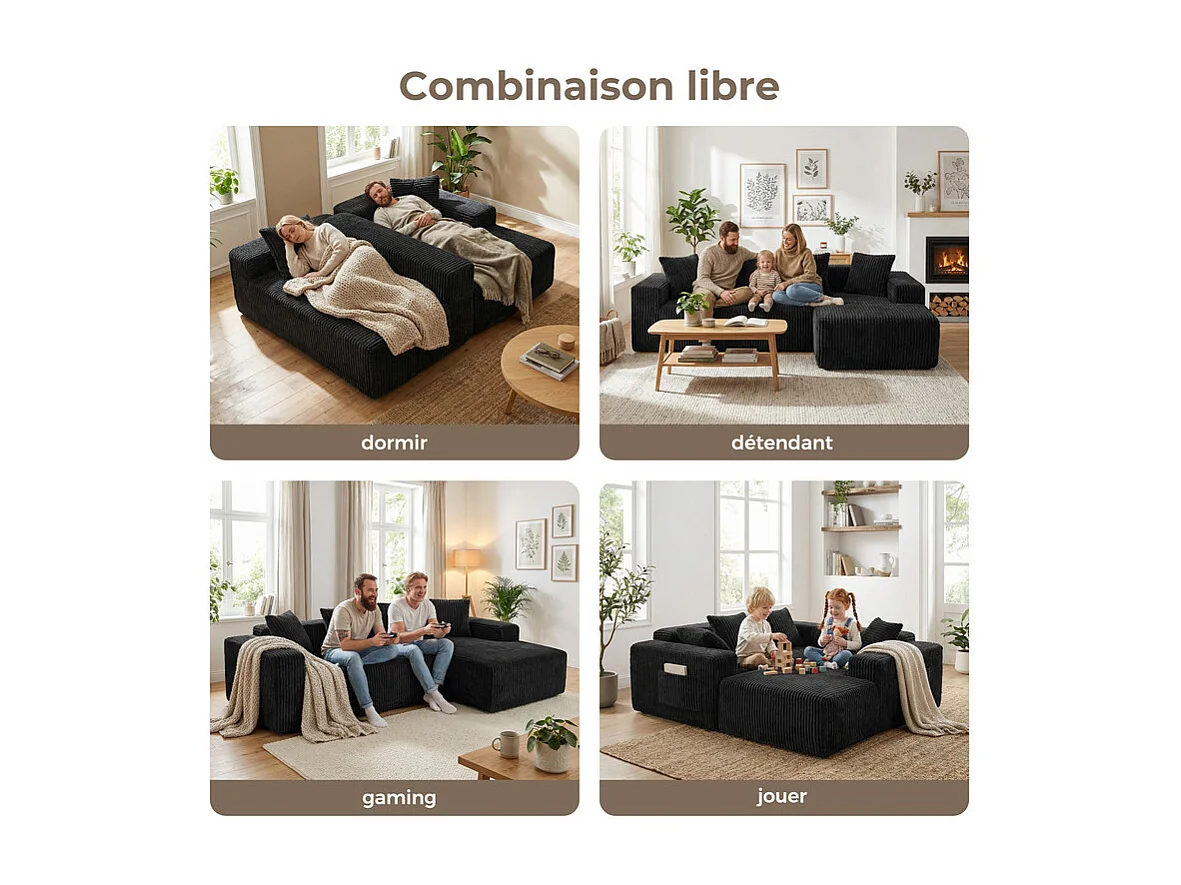 Canapé 3 Places d'angle droite modulable, en Velours côtelé noir, avec 4 Coussins, méridienne et poche latérale, 261x156x80cm