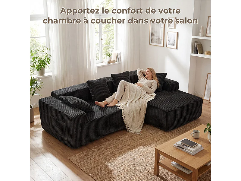 Canapé 3 Places d'angle droite modulable, en Velours côtelé noir, avec 4 Coussins, méridienne et poche latérale, 261x156x80cm