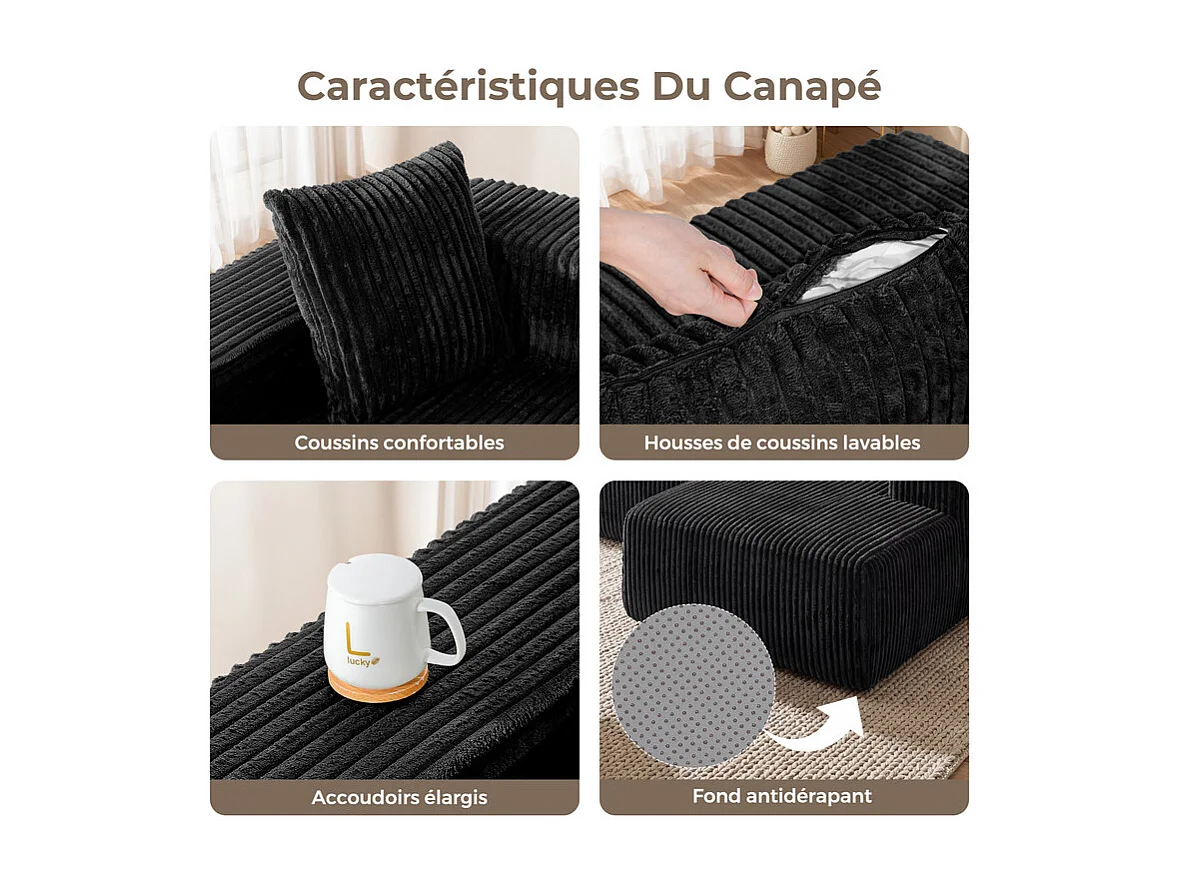 Canapé 3 Places d'angle droite modulable, en Velours côtelé noir, avec 4 Coussins, méridienne et poche latérale, 261x156x80cm