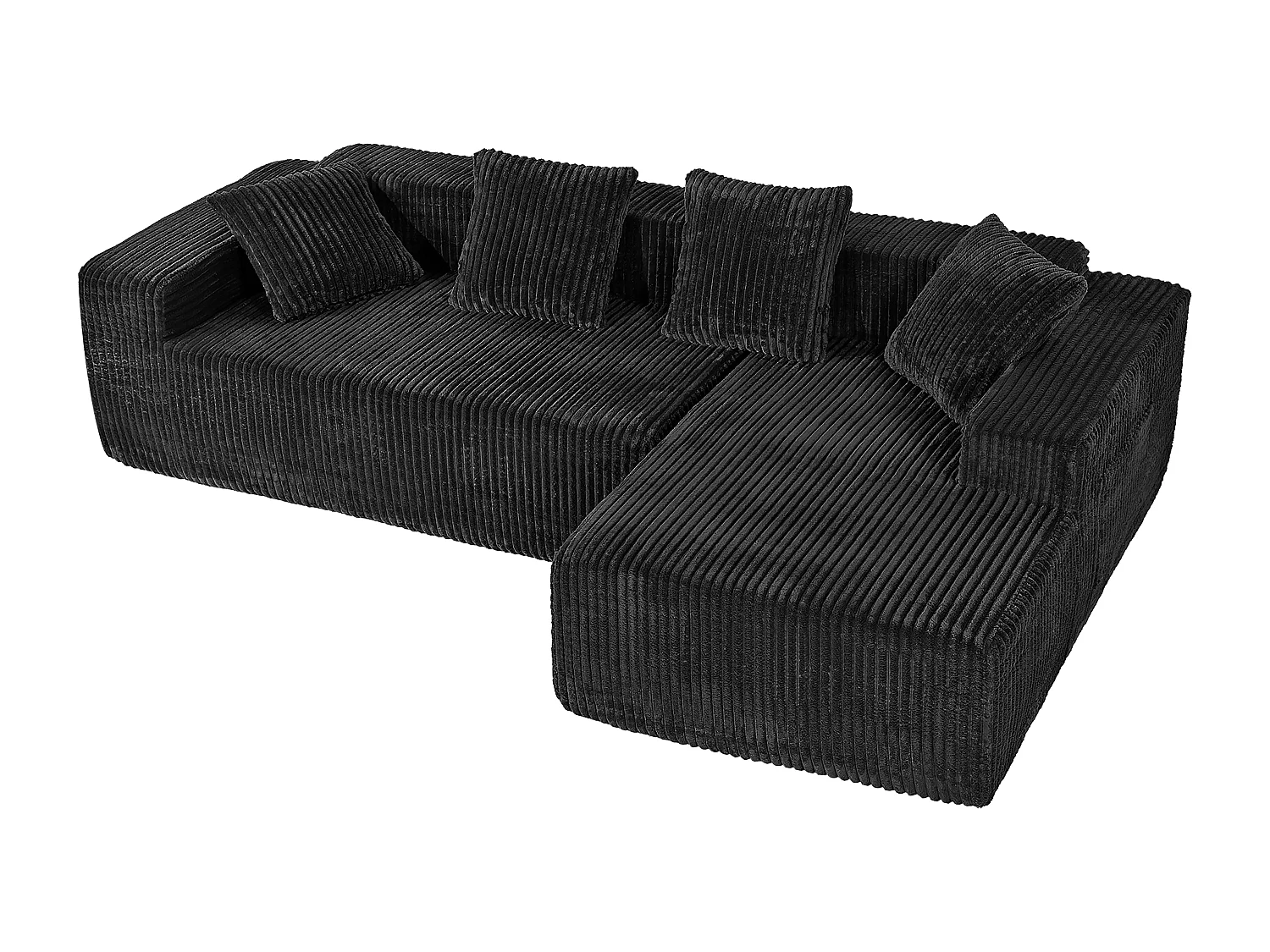 Canapé 3 Places d'angle droite modulable, en Velours côtelé noir, avec 4 Coussins, méridienne et poche latérale, 261x156x80cm