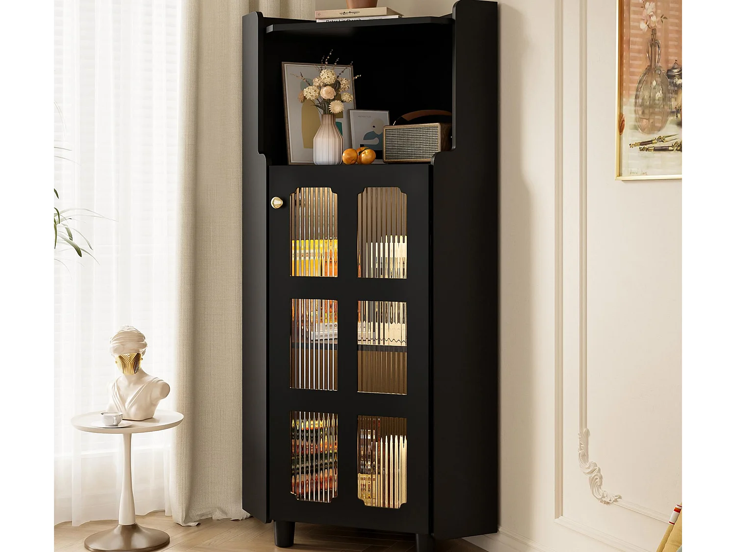 Badezimmer-Ecksäule - mit LED-Beleuchtung - mit 1 Tür - mit 2 Regalböden - mit offenen Regalen - schwarz