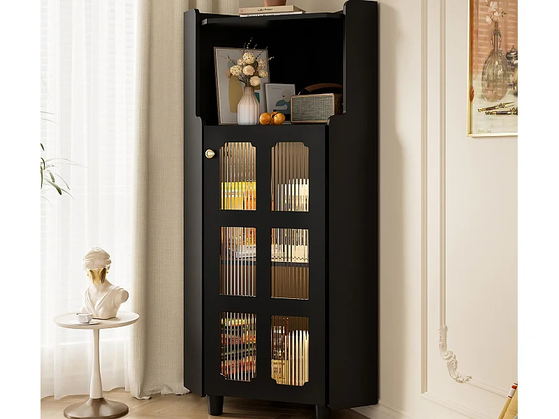 Colone d'angle de salle de bain - avec éclairage LED - avec 1 porte - avec 2 étagères - avec des étagères ouvertes - noir