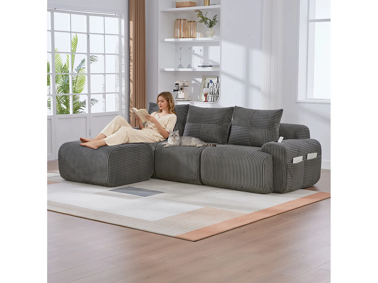 Canapé modulable 3 places - 268 x 174 x 80 cm - avec 1 poufs + porte-gobelets + poche de rangement - velours - gris foncé