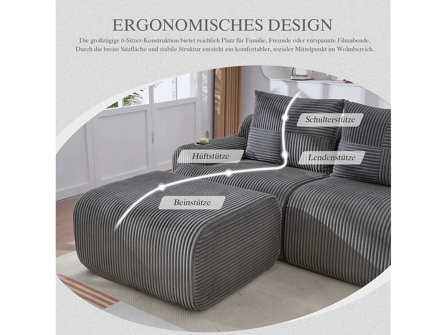 Canapé modulable 3 places - 268 x 174 x 80 cm - avec 1 poufs + porte-gobelets + poche de rangement - velours - gris foncé
