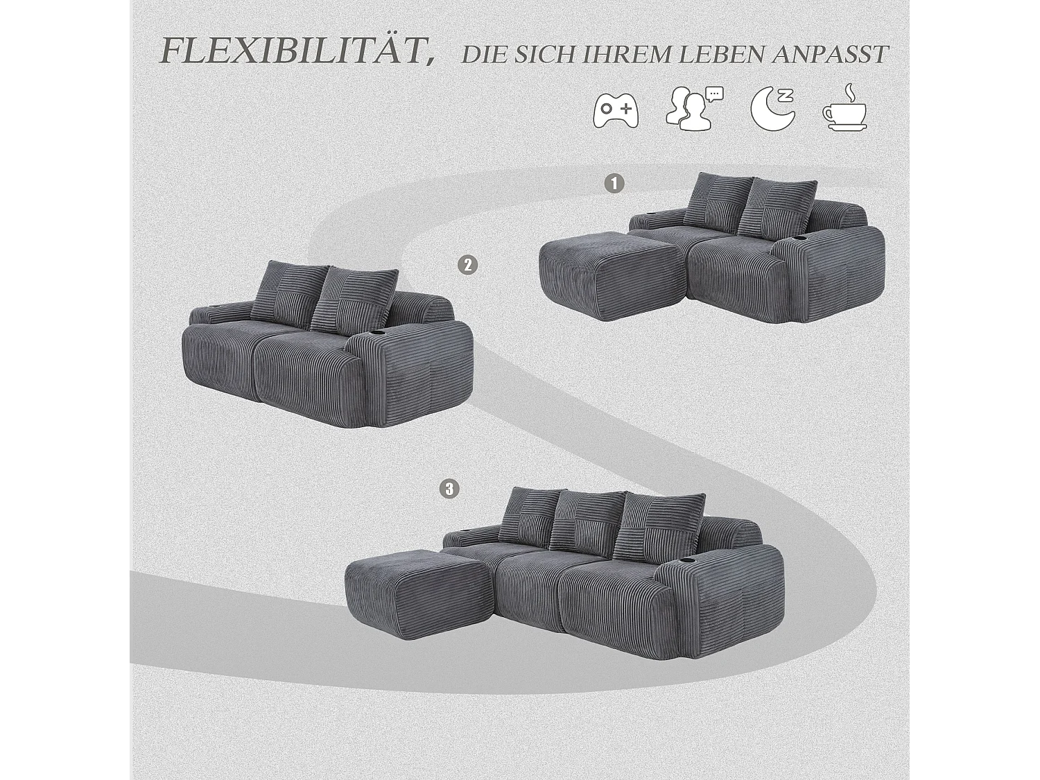 Canapé modulable 3 places - 268 x 174 x 80 cm - avec 1 poufs + porte-gobelets + poche de rangement - velours - gris foncé