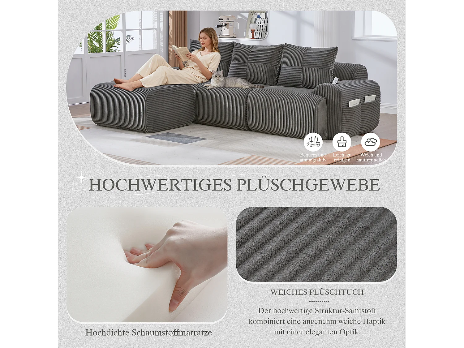 Canapé modulable 3 places - 268 x 174 x 80 cm - avec 1 poufs + porte-gobelets + poche de rangement - velours - gris foncé