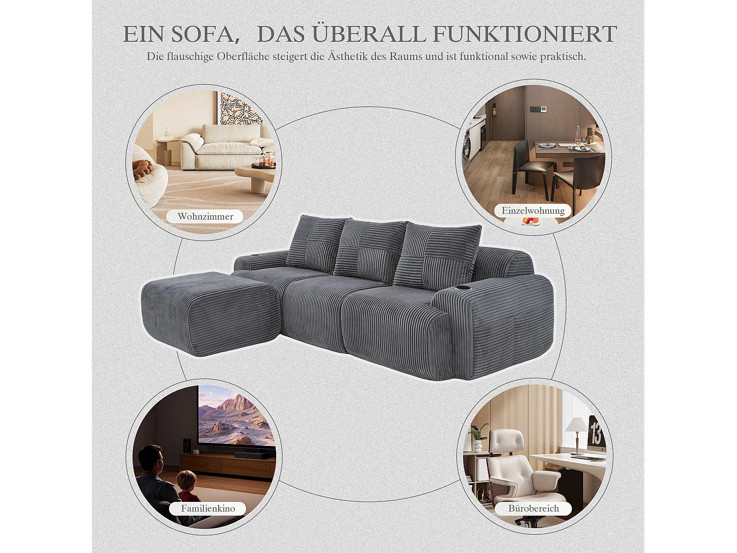 Canapé modulable 3 places - 268 x 174 x 80 cm - avec 1 poufs + porte-gobelets + poche de rangement - velours - gris foncé