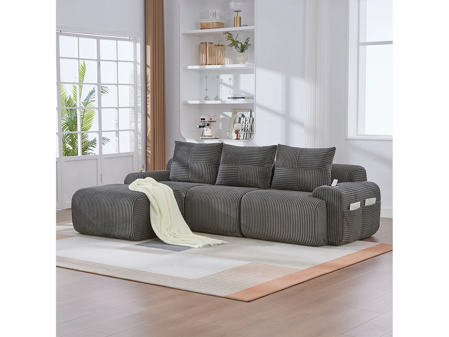 Canapé modulable 3 places - 268 x 174 x 80 cm - avec 1 poufs + porte-gobelets + poche de rangement - velours - gris foncé