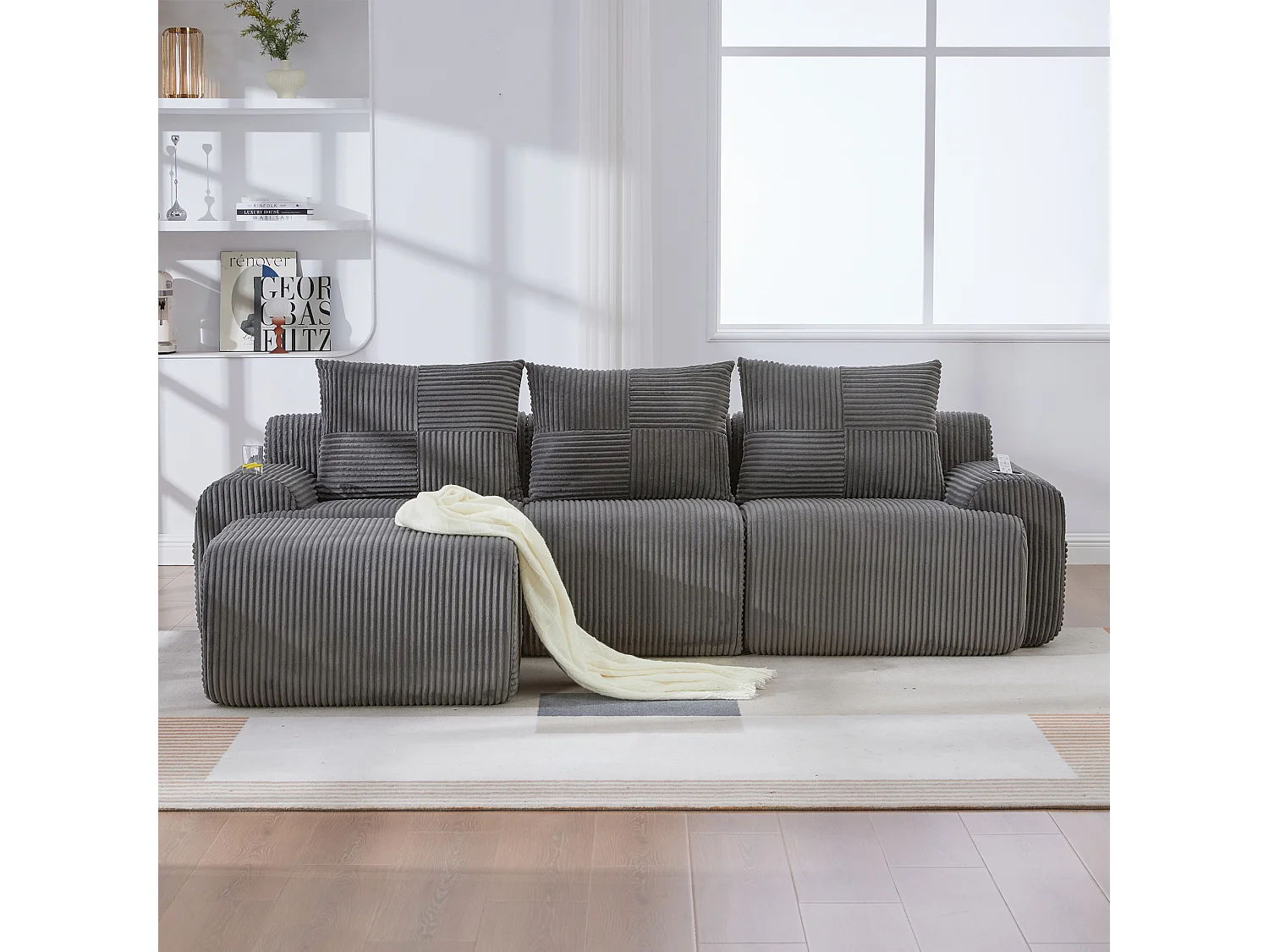 Canapé modulable 3 places - 268 x 174 x 80 cm - avec 1 poufs + porte-gobelets + poche de rangement - velours - gris foncé