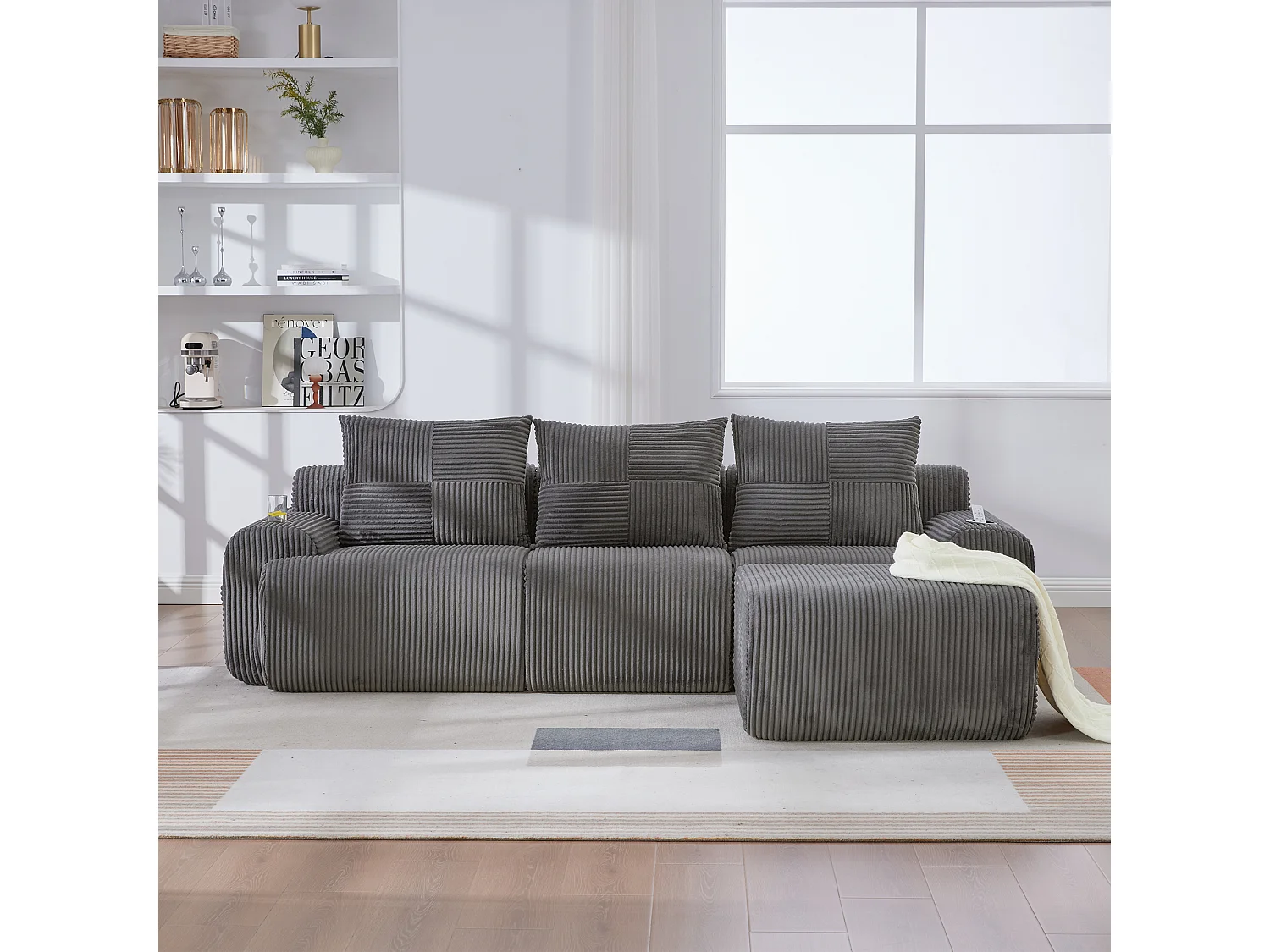 Canapé modulable 3 places - 268 x 174 x 80 cm - avec 1 poufs + porte-gobelets + poche de rangement - velours - gris foncé