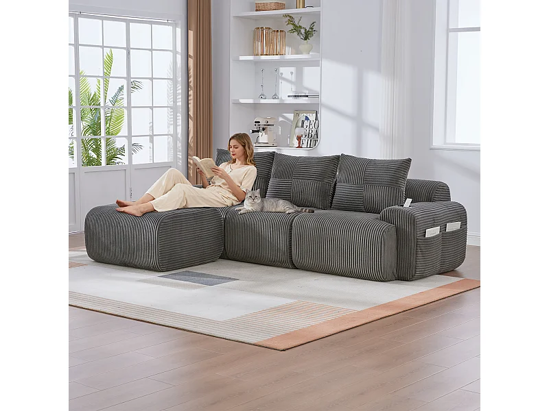 Canapé modulable 3 places - 268 x 174 x 80 cm - avec 1 poufs + porte-gobelets + poche de rangement - velours - gris foncé