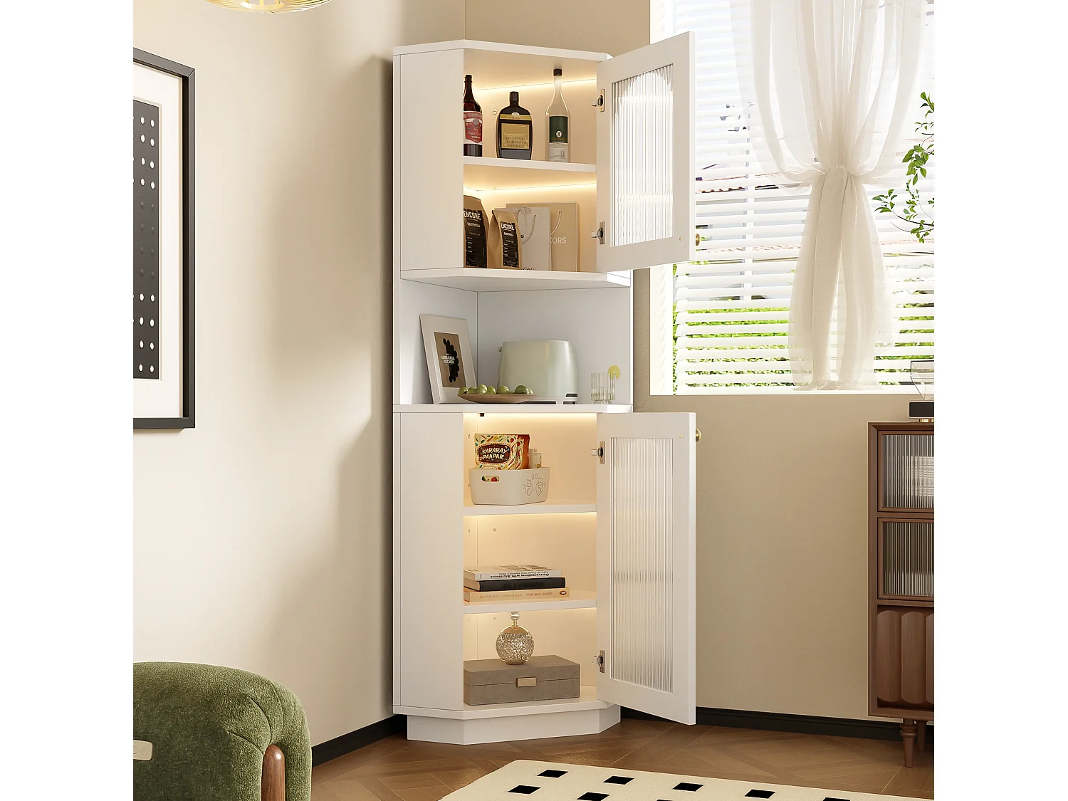 Hoekvitrinekast met LED-verlichting en 2 deuren - Wit 45 x 45 x 166,5 cm