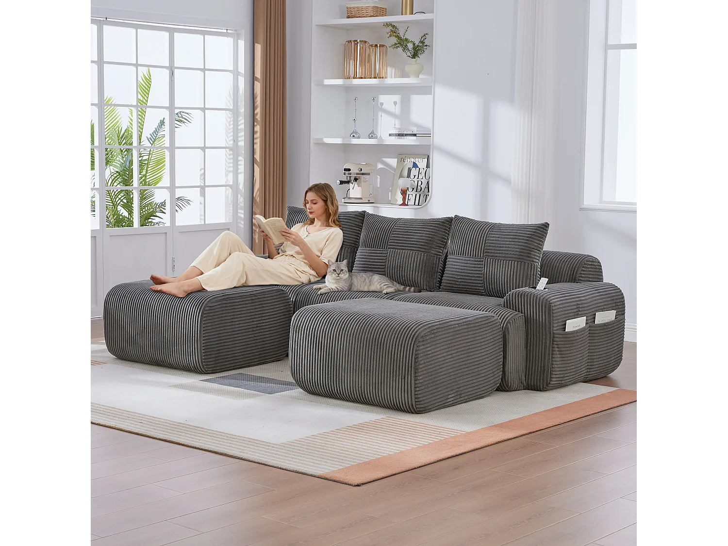 Canapé modulable 3 places - 268 x 174 x 80 cm - avec 2 poufs + porte-gobelets + poche de rangement - velours - gris foncé