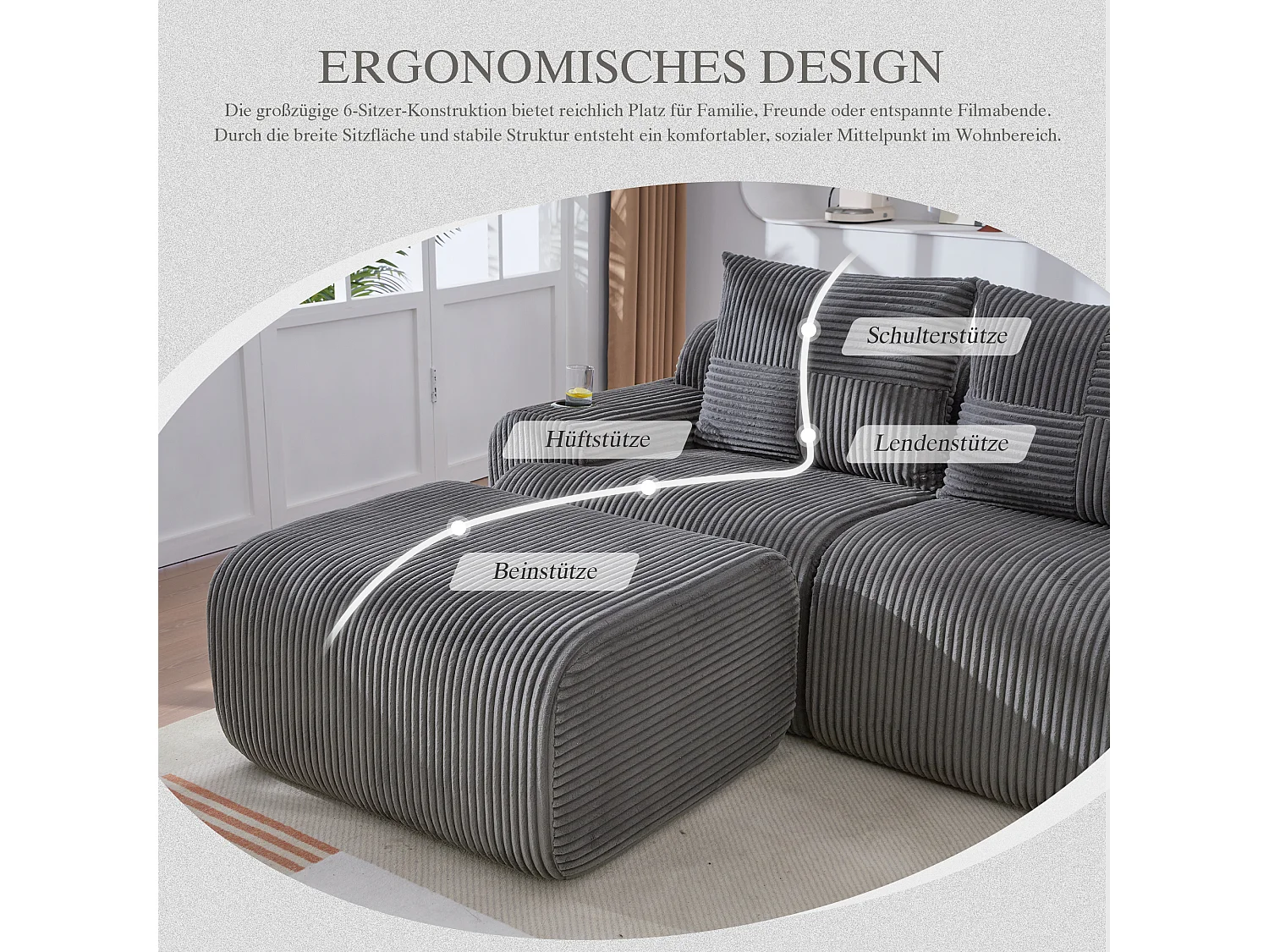 Canapé modulable 3 places - 268 x 174 x 80 cm - avec 2 poufs + porte-gobelets + poche de rangement - velours - gris foncé