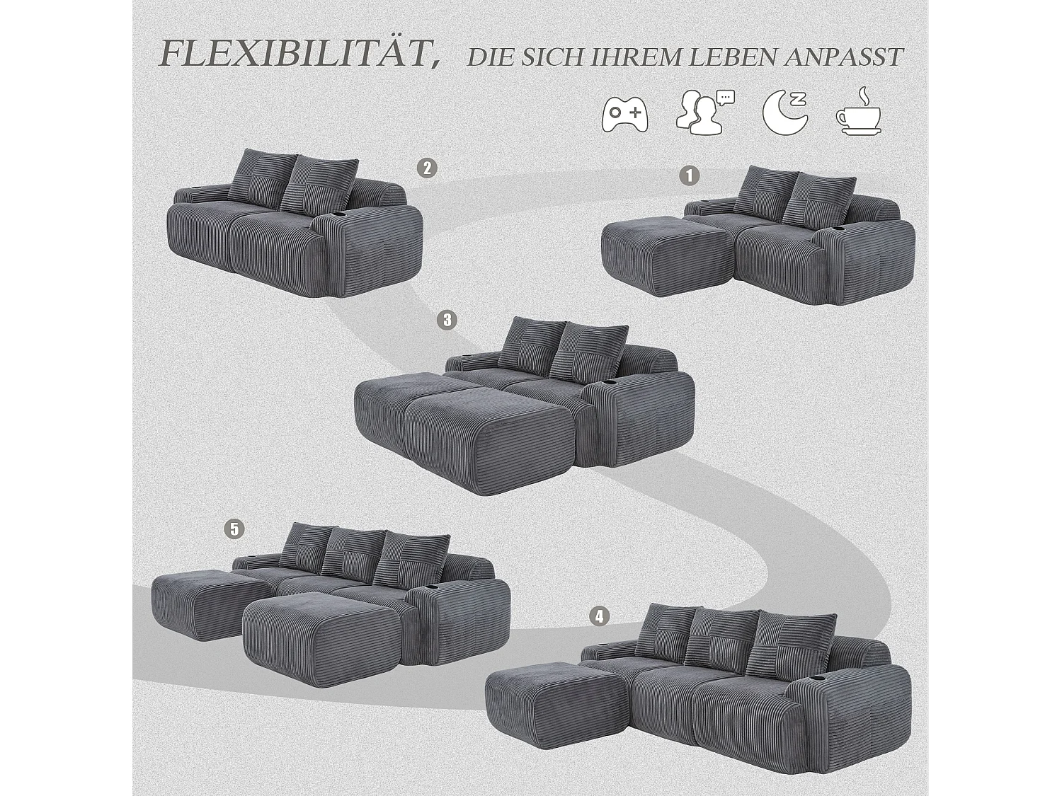 Canapé modulable 3 places - 268 x 174 x 80 cm - avec 2 poufs + porte-gobelets + poche de rangement - velours - gris foncé