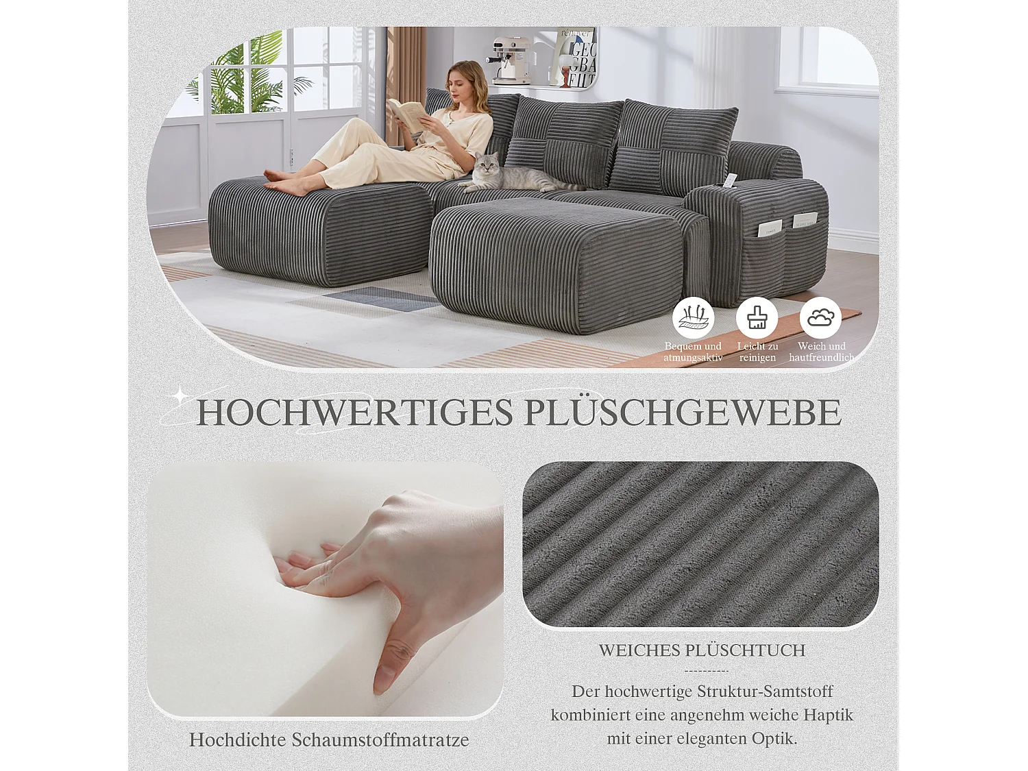 Canapé modulable 3 places - 268 x 174 x 80 cm - avec 2 poufs + porte-gobelets + poche de rangement - velours - gris foncé