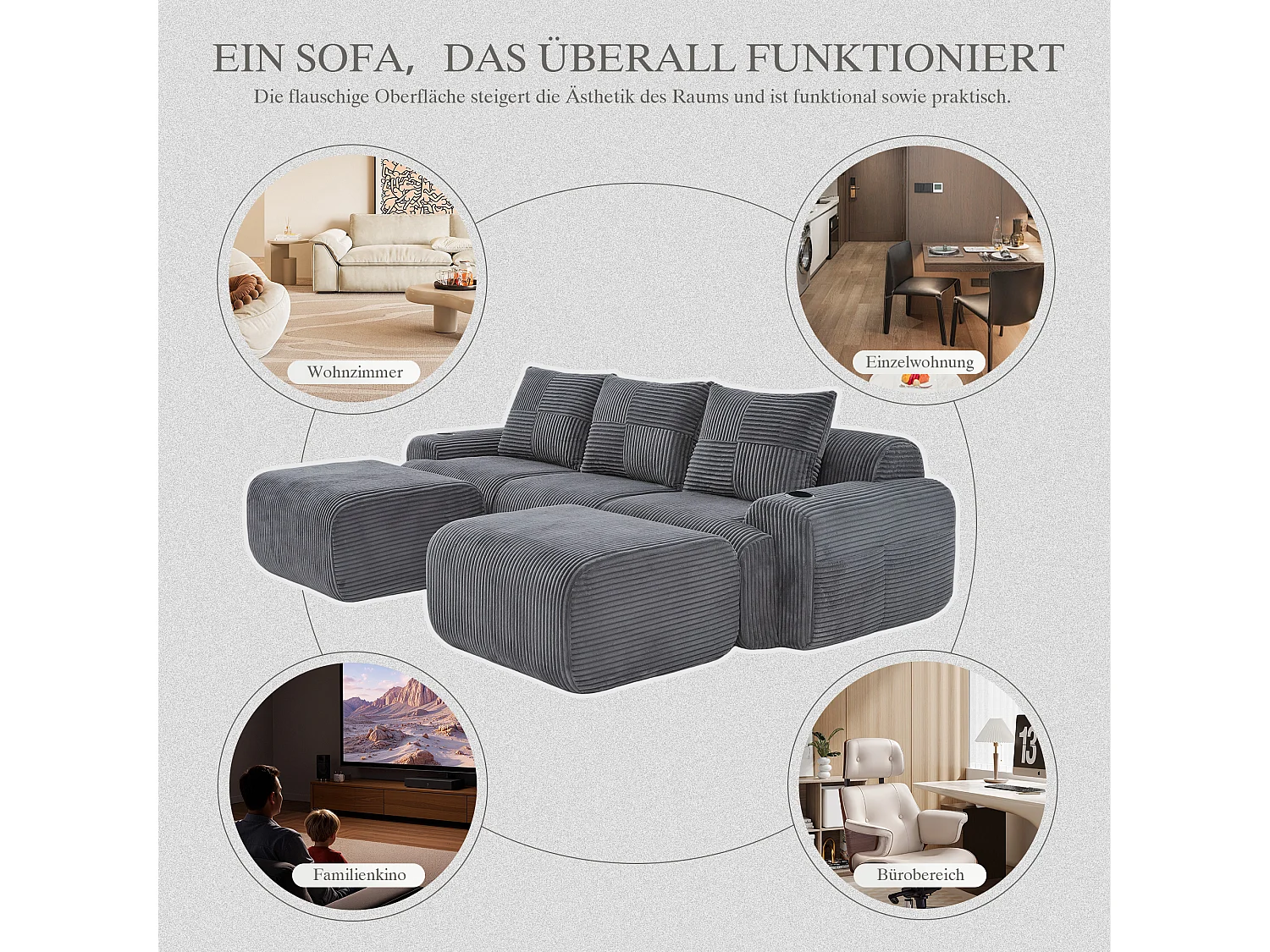 Canapé modulable 3 places - 268 x 174 x 80 cm - avec 2 poufs + porte-gobelets + poche de rangement - velours - gris foncé