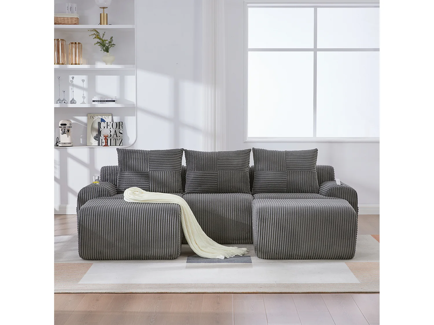 Canapé modulable 3 places - 268 x 174 x 80 cm - avec 2 poufs + porte-gobelets + poche de rangement - velours - gris foncé