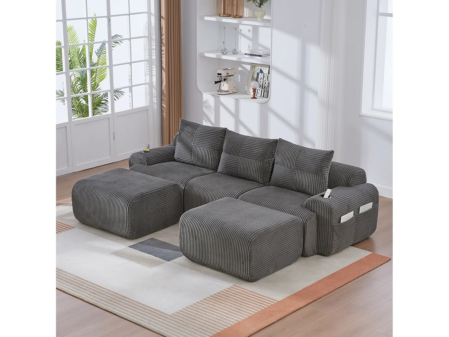 Canapé modulable 3 places - 268 x 174 x 80 cm - avec 2 poufs + porte-gobelets + poche de rangement - velours - gris foncé