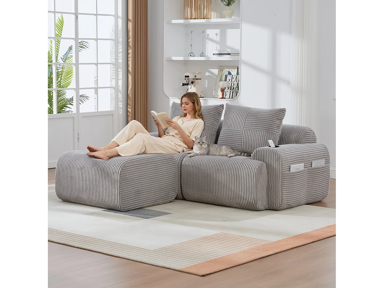 Canapé modulable 2 places - 200 x 174 x 80 cm - avec 1 poufs + porte-gobelets + poche de rangement - velours - gris clair