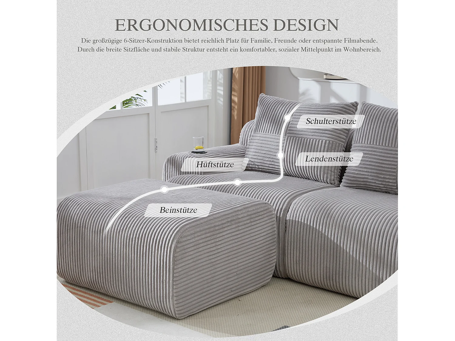 Canapé modulable 2 places - 200 x 174 x 80 cm - avec 1 poufs + porte-gobelets + poche de rangement - velours - gris clair