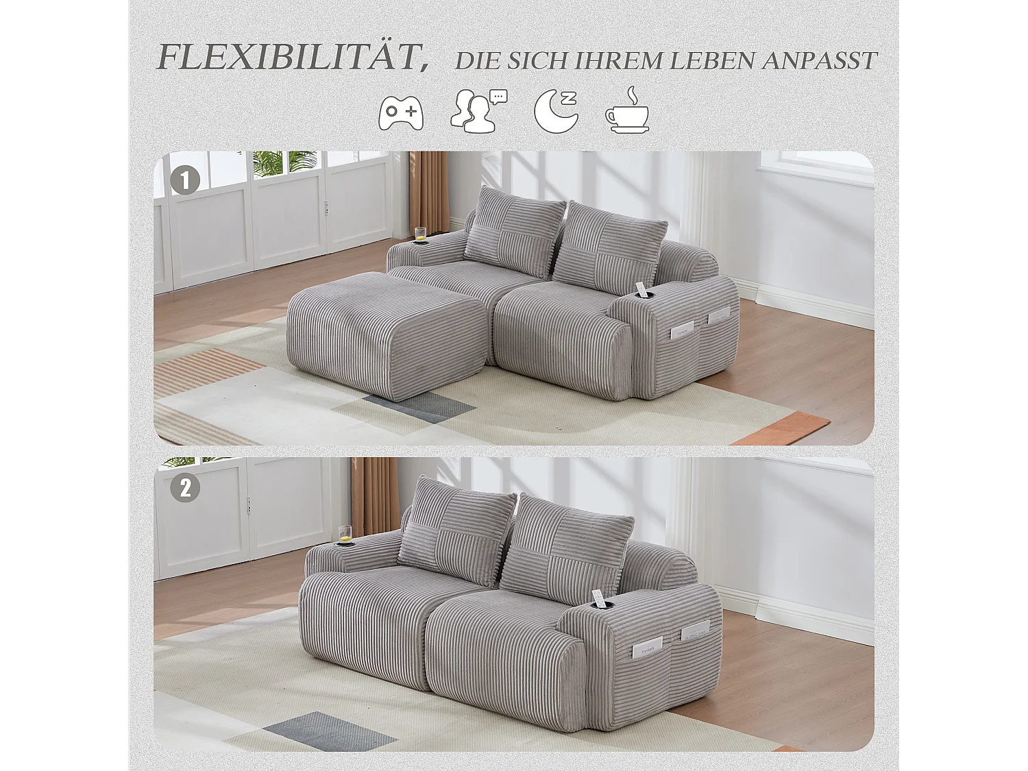 Canapé modulable 2 places - 200 x 174 x 80 cm - avec 1 poufs + porte-gobelets + poche de rangement - velours - gris clair