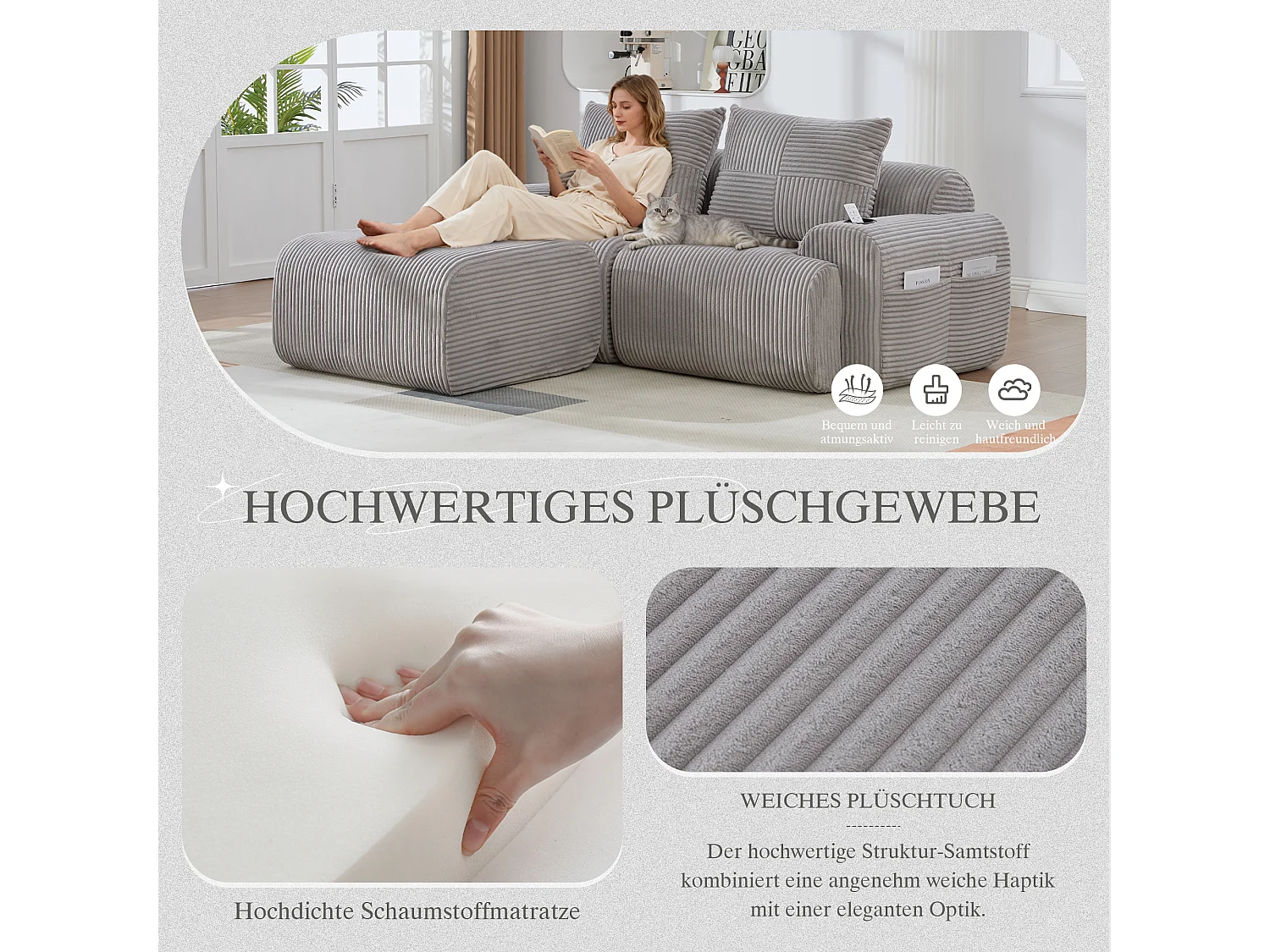 Canapé modulable 2 places - 200 x 174 x 80 cm - avec 1 poufs + porte-gobelets + poche de rangement - velours - gris clair