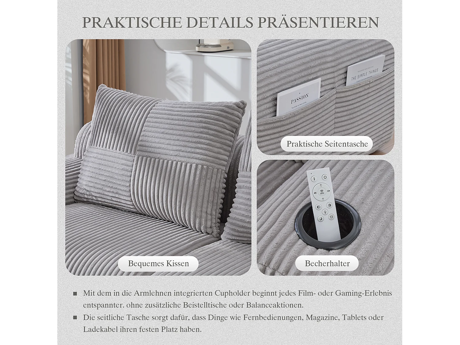 Canapé modulable 2 places - 200 x 174 x 80 cm - avec 1 poufs + porte-gobelets + poche de rangement - velours - gris clair