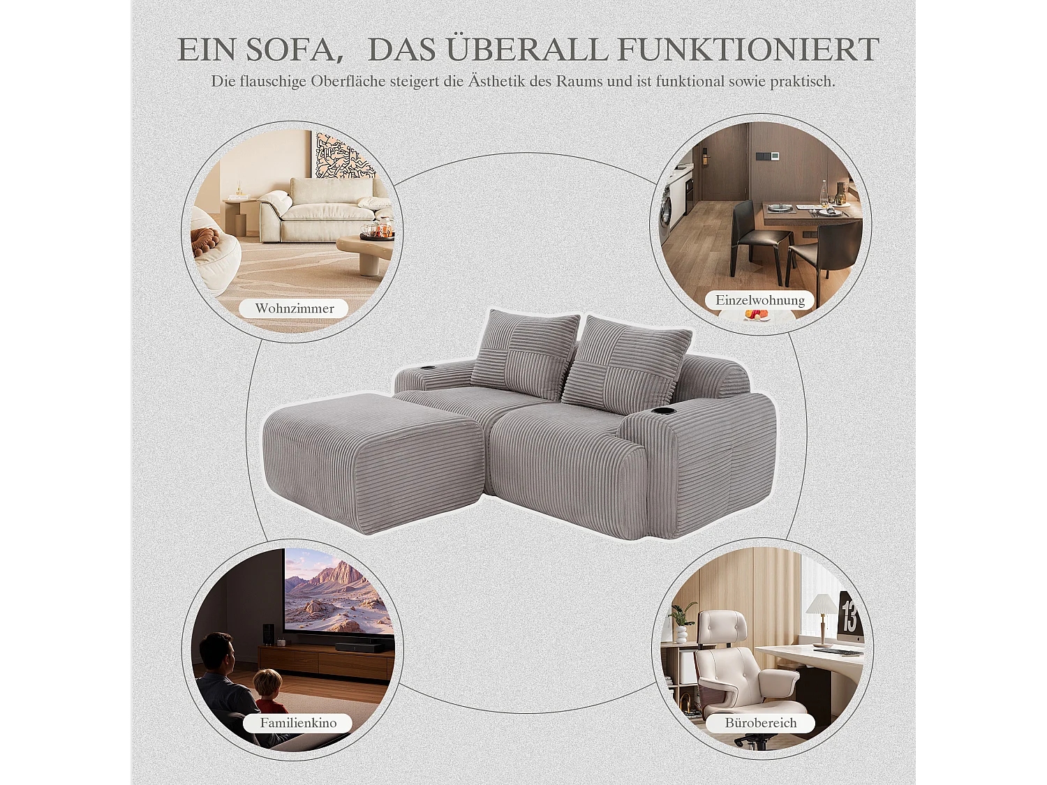 Canapé modulable 2 places - 200 x 174 x 80 cm - avec 1 poufs + porte-gobelets + poche de rangement - velours - gris clair