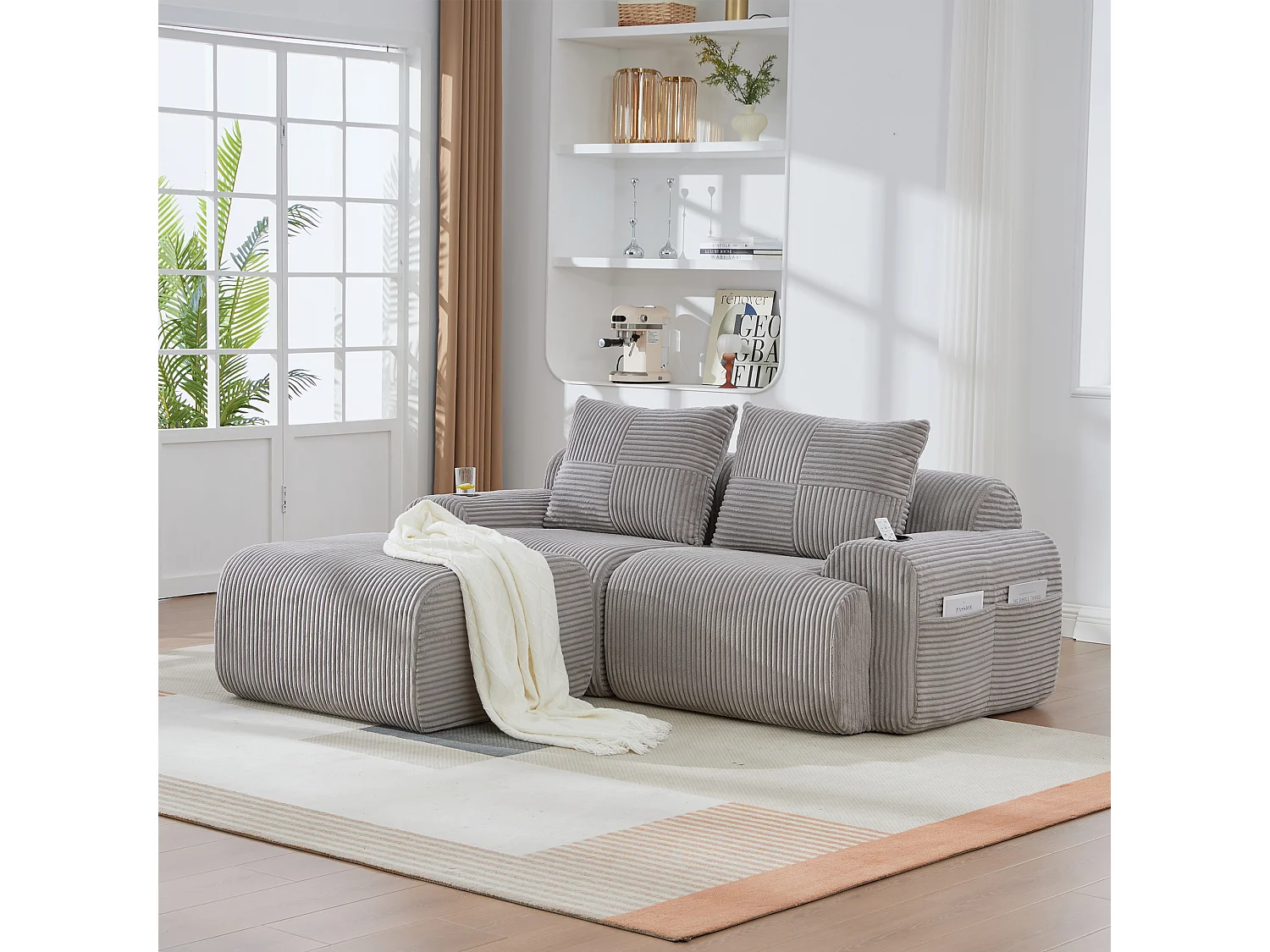 Canapé modulable 2 places - 200 x 174 x 80 cm - avec 1 poufs + porte-gobelets + poche de rangement - velours - gris clair