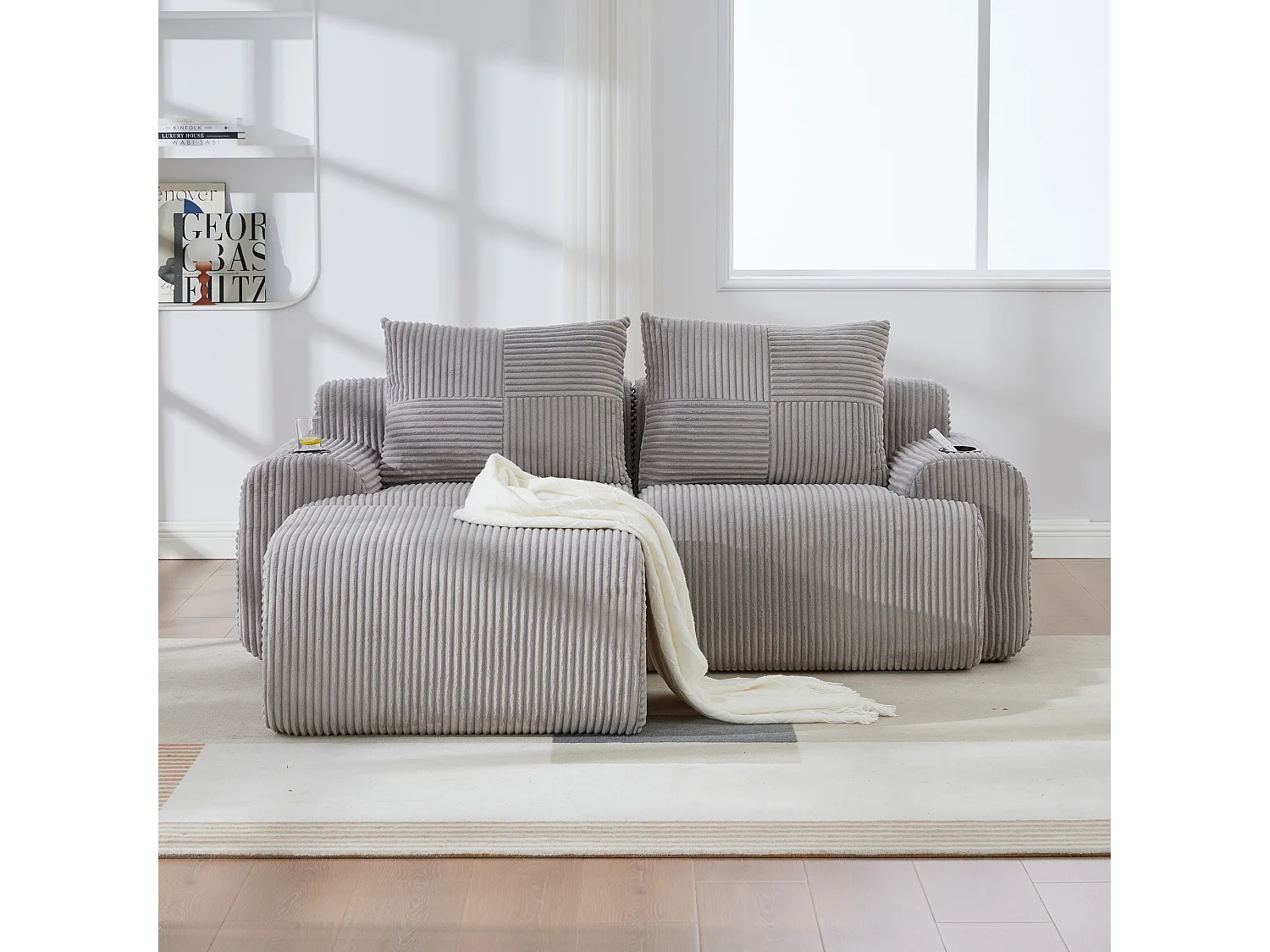 Canapé modulable 2 places - 200 x 174 x 80 cm - avec 1 poufs + porte-gobelets + poche de rangement - velours - gris clair