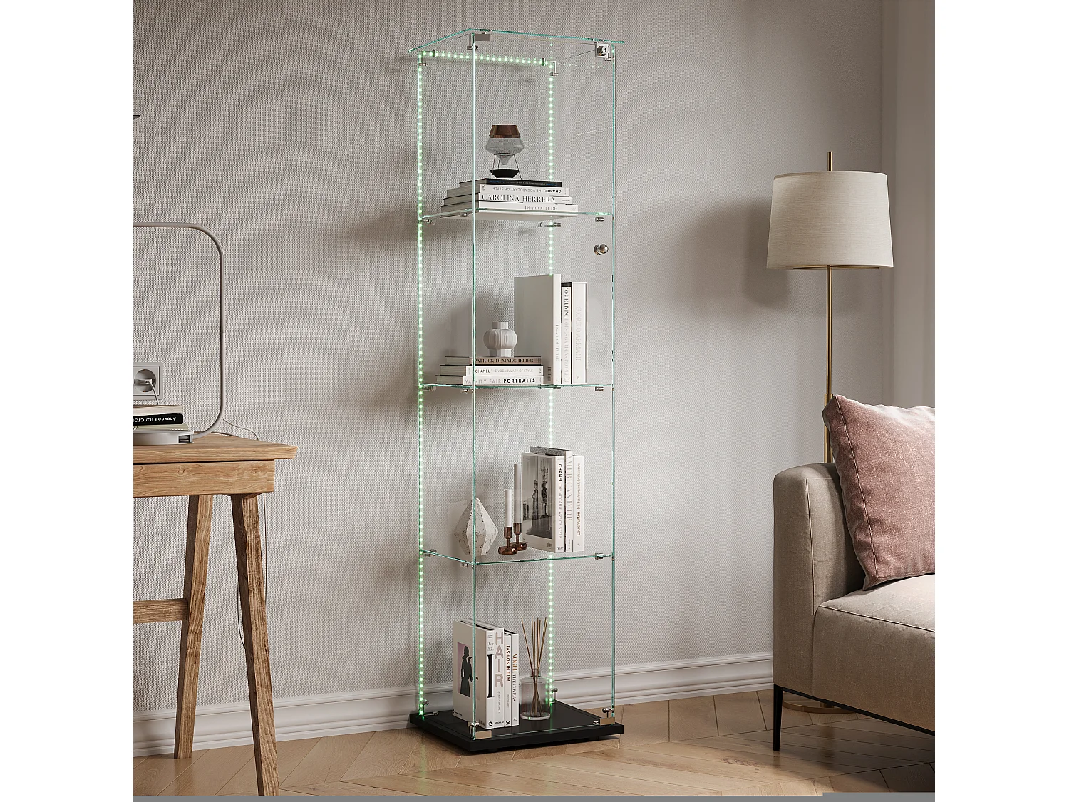 Vitrine en verre à 4 étagères avec éclairage LED - 163 x 39 x 35 cm - Vitrine étroite - noir