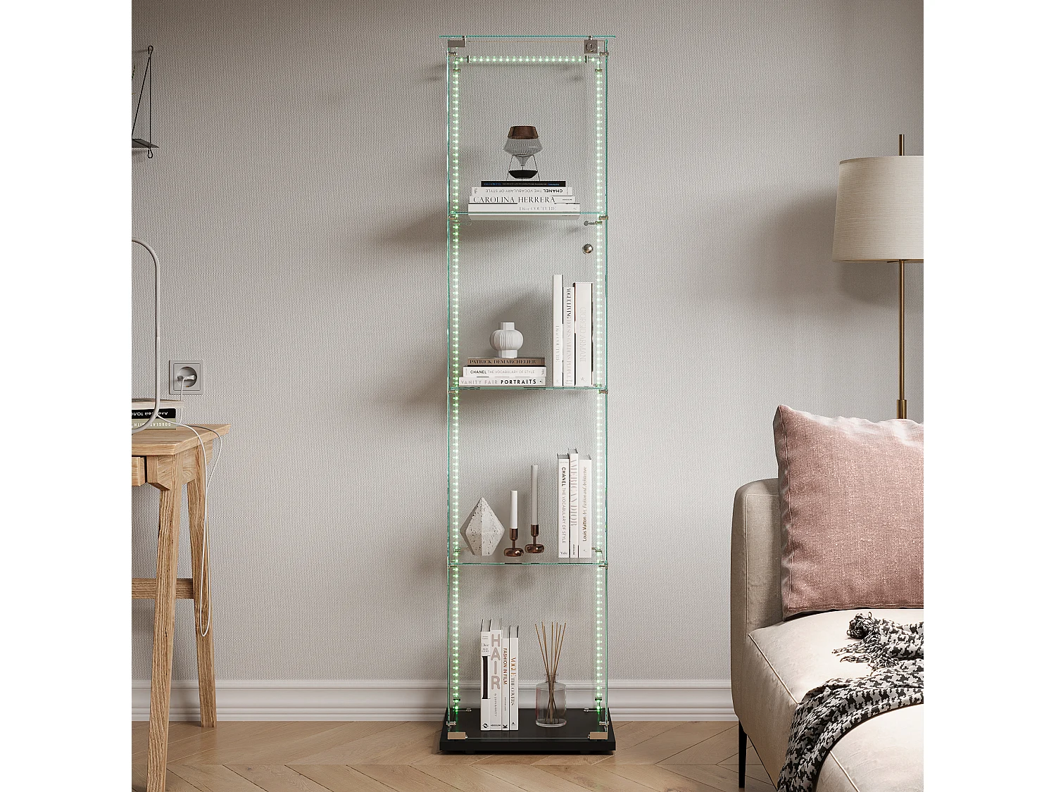 Vitrine en verre à 4 étagères avec éclairage LED - 163 x 39 x 35 cm - Vitrine étroite - noir