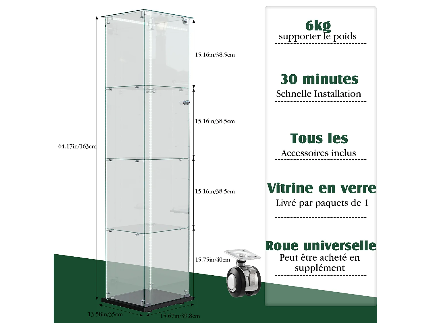 Vitrine en verre à 4 étagères avec éclairage LED - 163 x 39 x 35 cm - Vitrine étroite - noir
