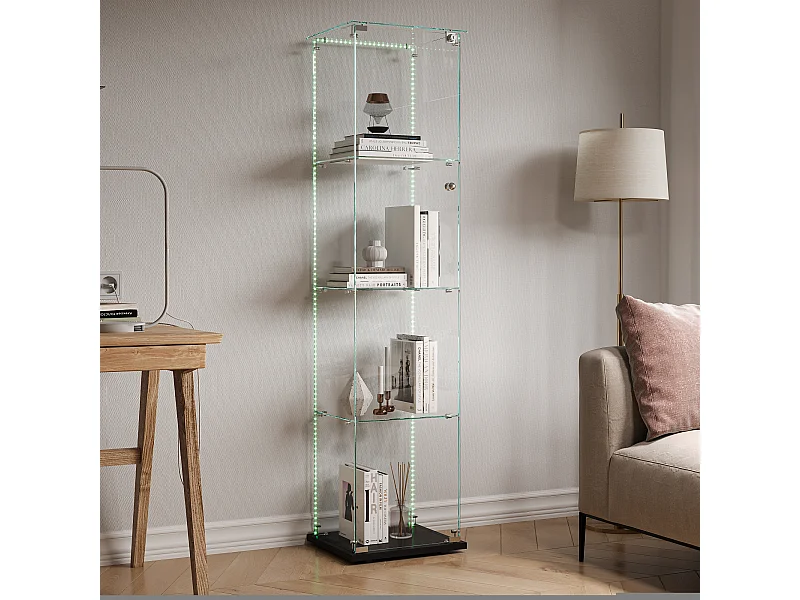 Vitrine en verre à 4 étagères avec éclairage LED - 163 x 39 x 35 cm - Vitrine étroite - noir