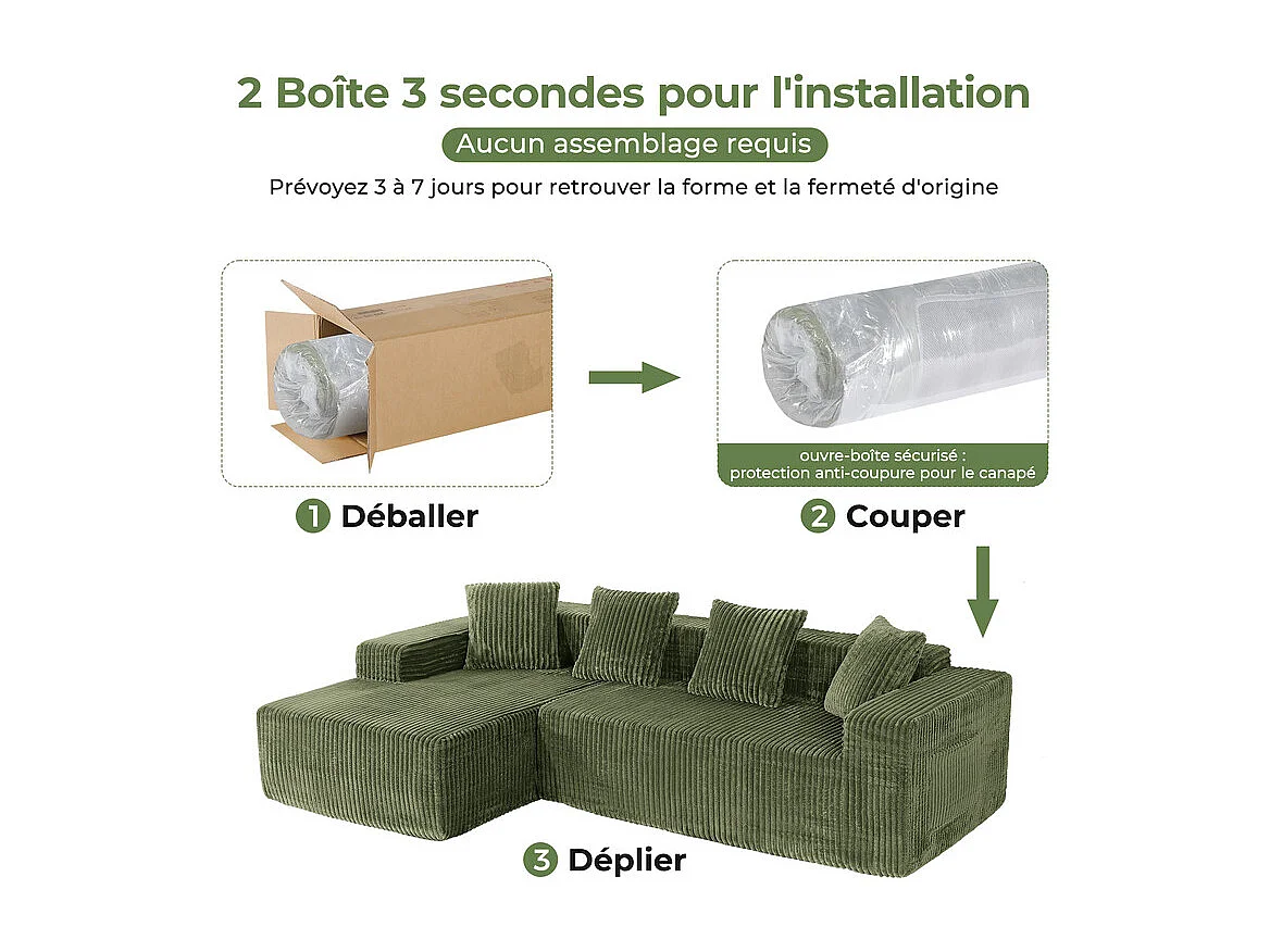 Canapé d'angle gauche modulable - en Velours côtelé Vert - 3 Places - avec 4 Coussins et méridienne - 261x156x80cm