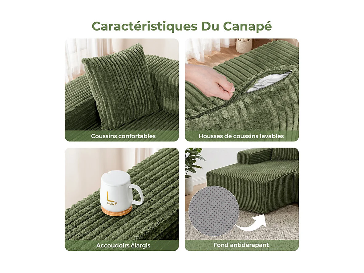 Canapé d'angle gauche modulable - en Velours côtelé Vert - 3 Places - avec 4 Coussins et méridienne - 261x156x80cm