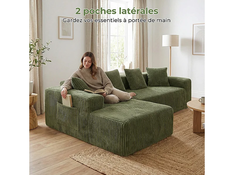 Canapé d'angle gauche modulable - en Velours côtelé Vert - 3 Places - avec 4 Coussins et méridienne - 261x156x80cm