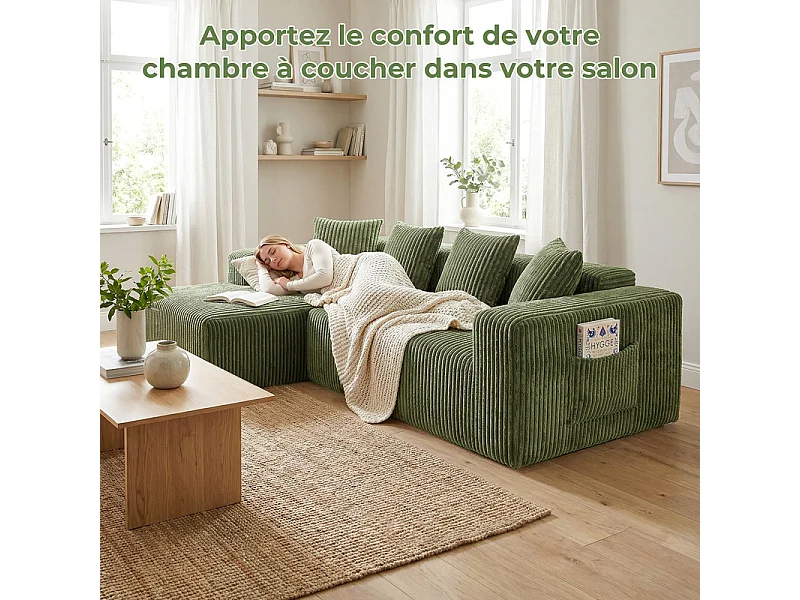 Canapé d'angle gauche modulable - en Velours côtelé Vert - 3 Places - avec 4 Coussins et méridienne - 261x156x80cm