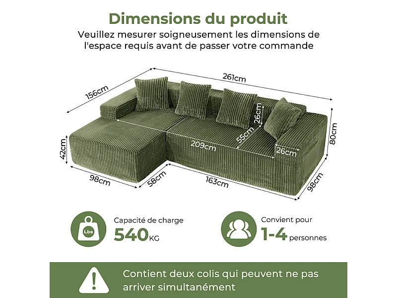 Modulares Ecksofa Links - in Rippvelours Grün - 3-sitzig - mit 4 Kissen und Liegefläche - 261x156x80cm