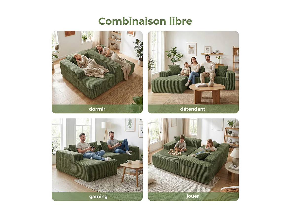 Modulares Ecksofa Links - in Rippvelours Grün - 3-sitzig - mit 4 Kissen und Liegefläche - 261x156x80cm