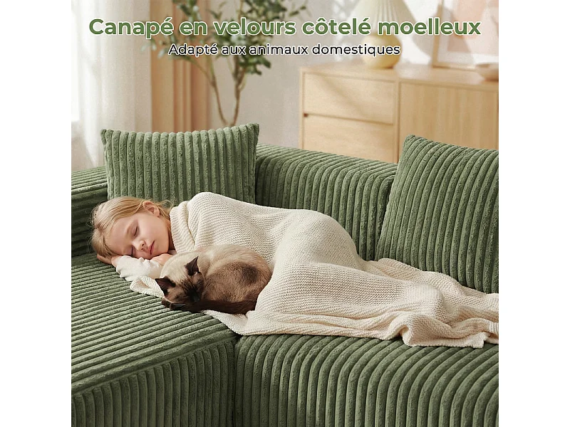 Modulares Ecksofa Links - in Rippvelours Grün - 3-sitzig - mit 4 Kissen und Liegefläche - 261x156x80cm