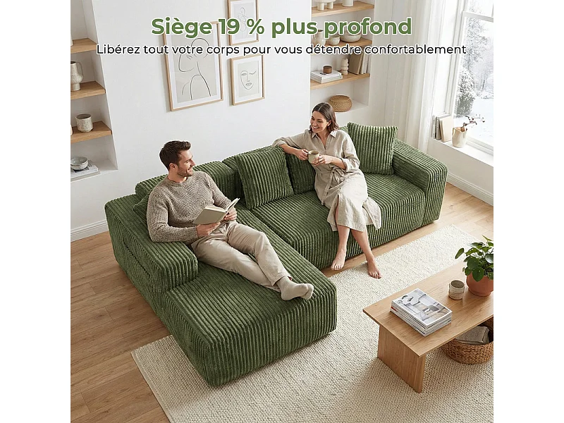 Modulares Ecksofa Links - in Rippvelours Grün - 3-sitzig - mit 4 Kissen und Liegefläche - 261x156x80cm